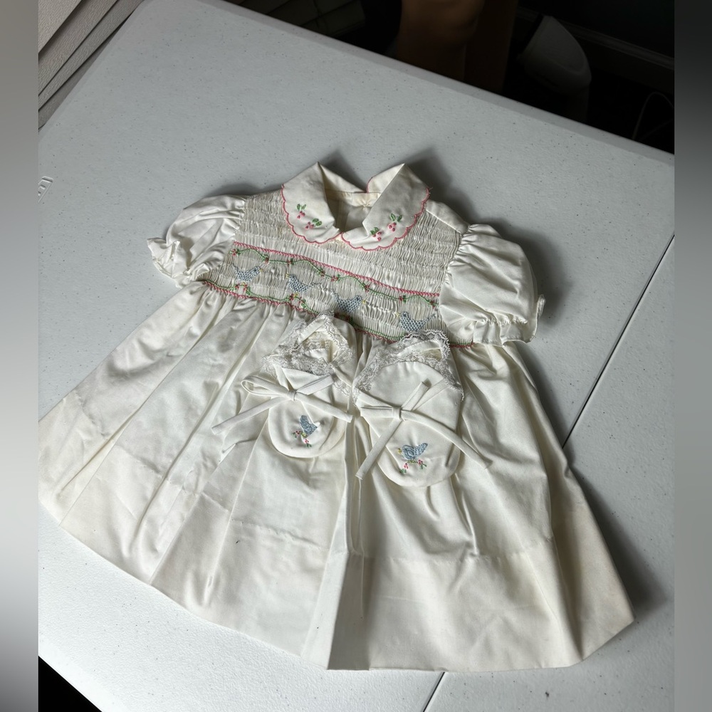 Vintage Baby Girls A Little Angel Blue Floral Collared Smocked Dress Size 6-9mo